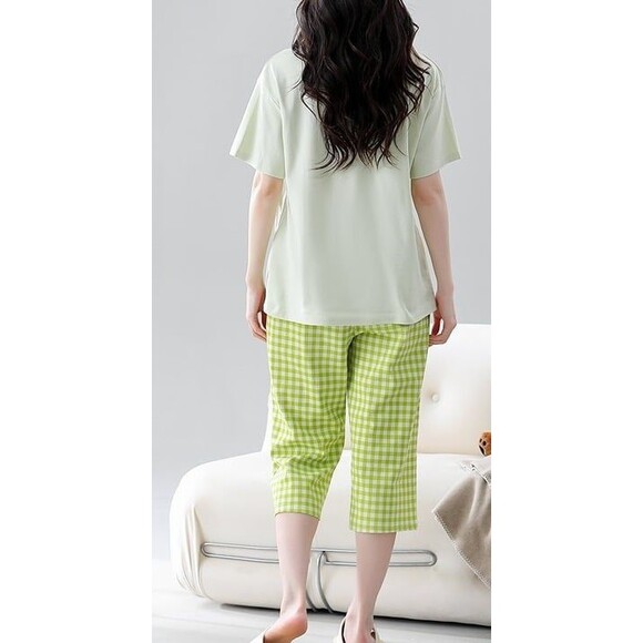 New Cotton Women Capri Pajama Set 2 Pcs Short Sleeve Top Capris pants Sleepwear - Picture 7 of 10